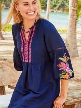 Tommy Bahama Navy Tunic Dress with Pink & Multicolor Embroidery